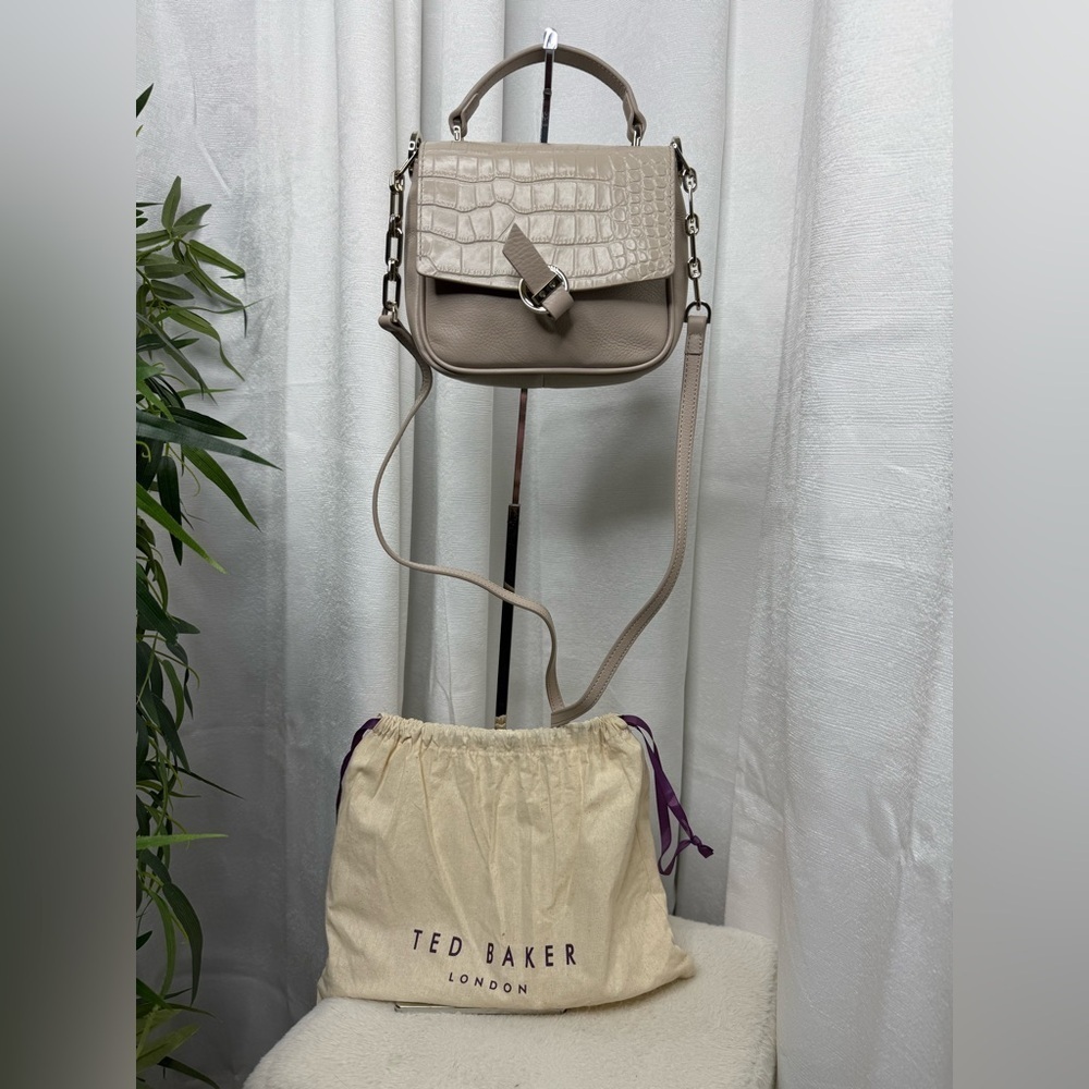 NEW Ted Baker London Loop & Tab Grainy Mini Croc-Embossed Crossbody Bag in Taupe